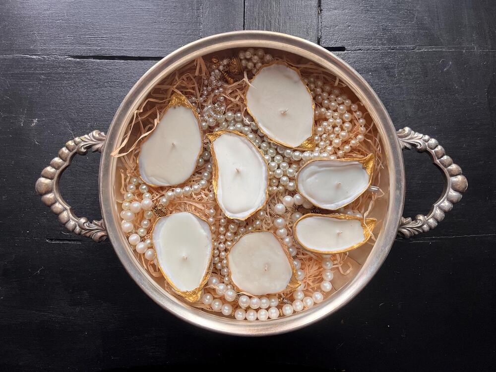 Hand-poured and hand-painted oyster shell candles - set of 3